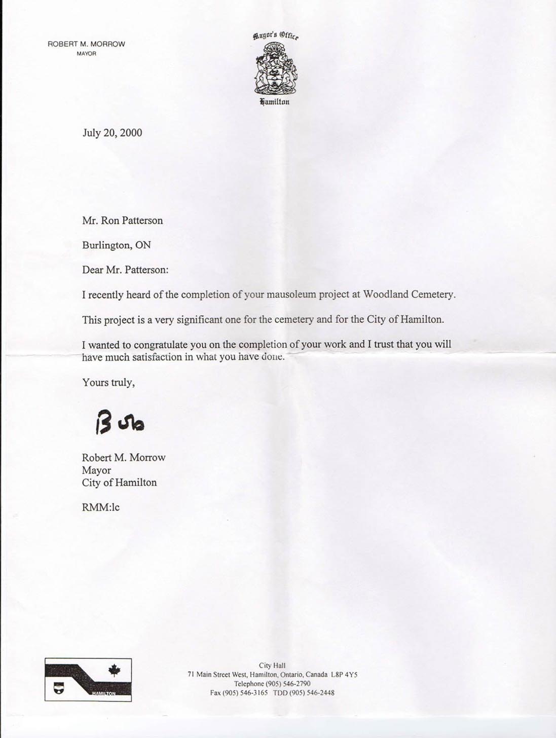 Patterson Mausoleum Letter